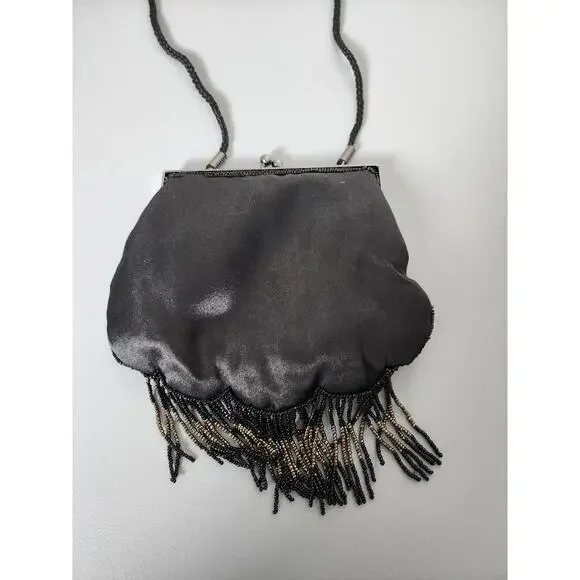 Black Sequin Bead Embellished Evening Bag Crossbody Purse Kiss Clasp 1 Pocket - Picture 3 of 6